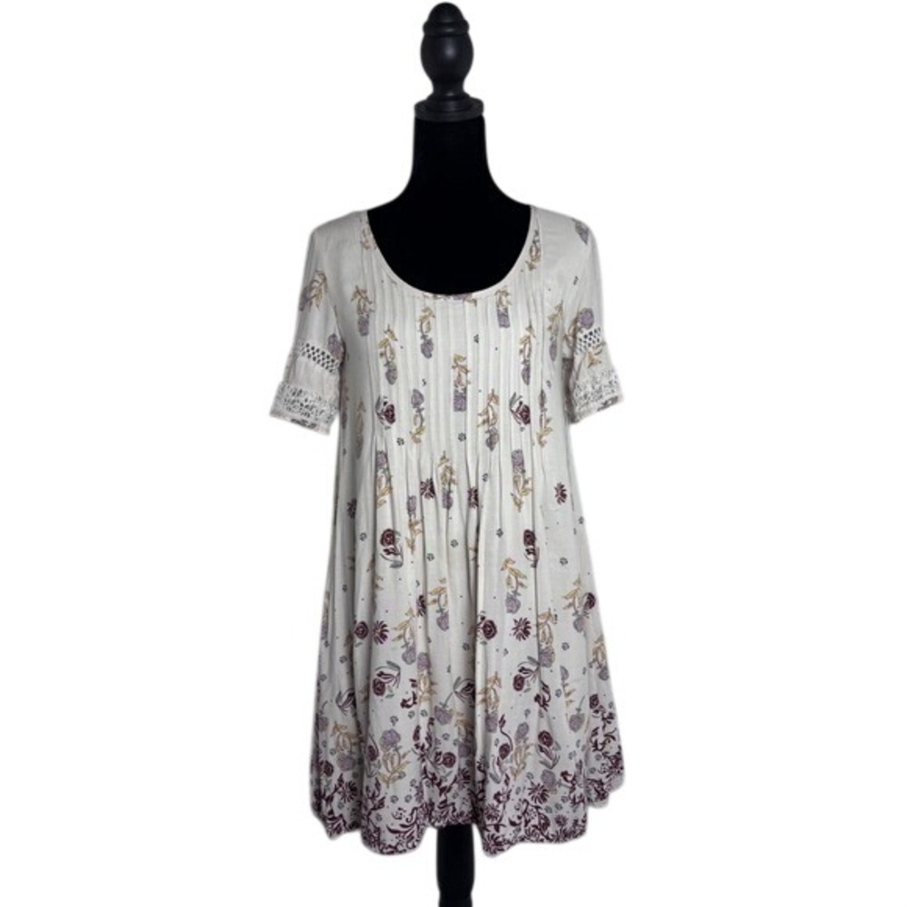 Ecote Floral Mini Dress Womens Size S Cream Purple Pintuck Lace Boho Excellent